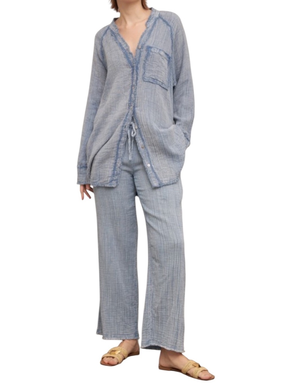 Light Blue Gauze Wide-Leg Pants - Relaxed Women's Lounge Trousers